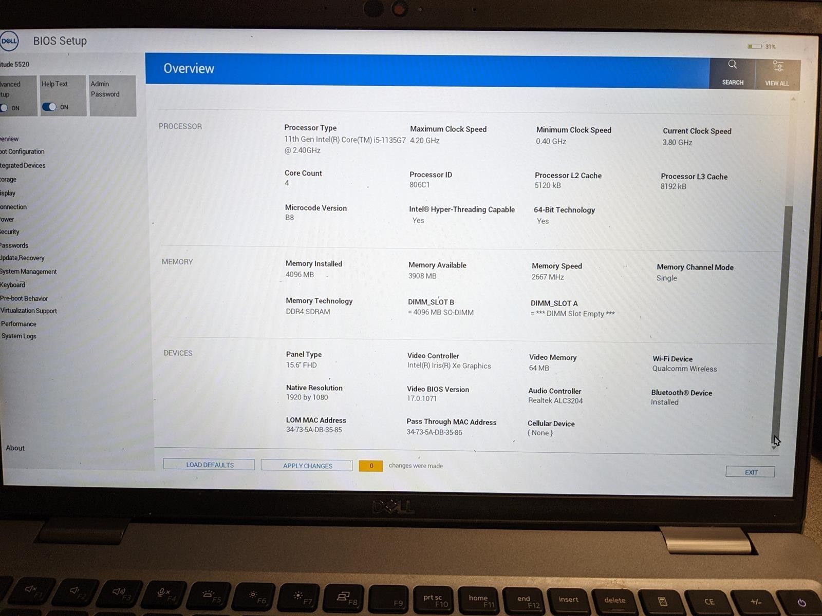 DELL LATITUDE 5520 i5-1135G7 @ 2.4GHz, 4GB RAM, NO HDD/OS
