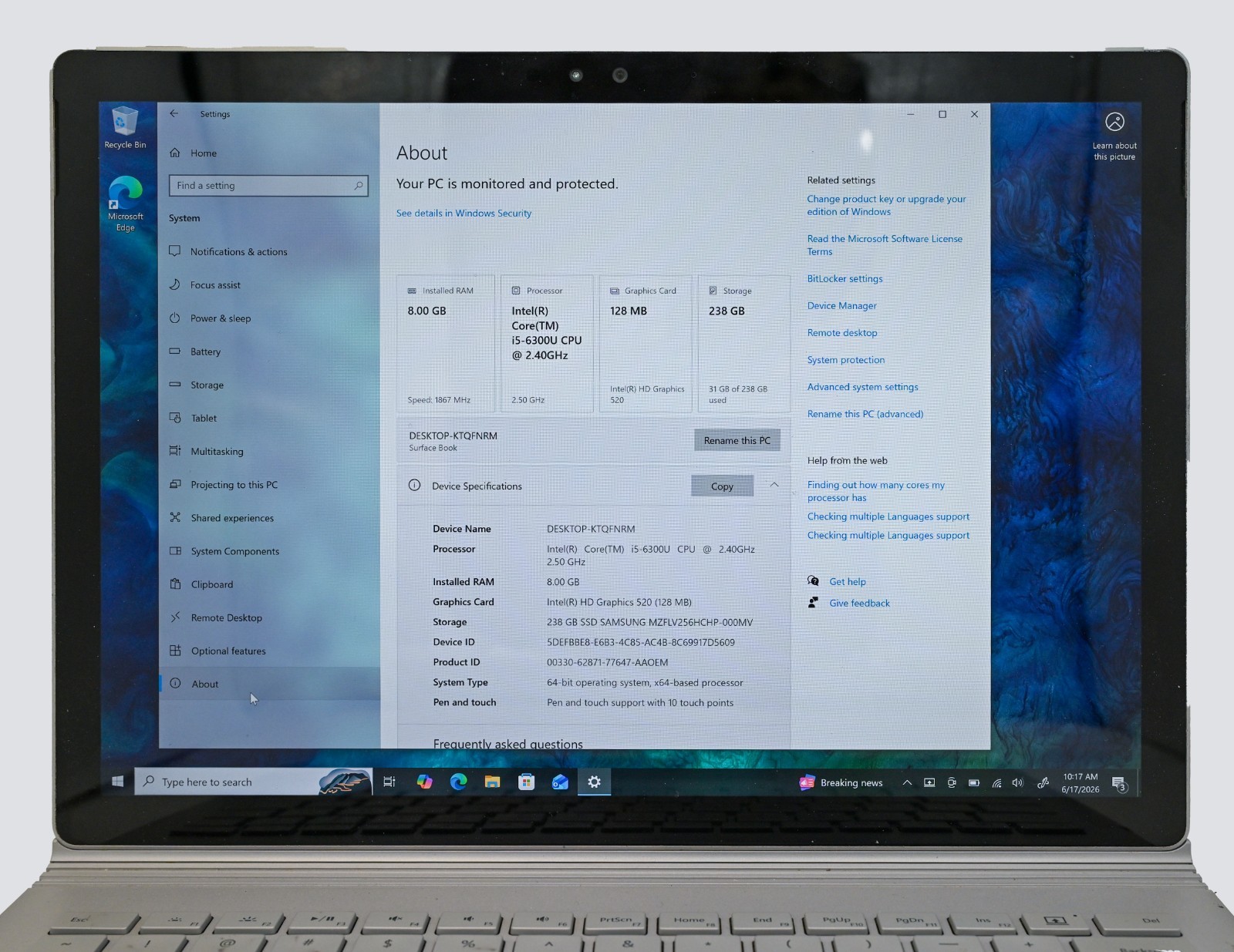Microsoft Surface Book Intel core i5-6300u 2.4GHz 8GB RAM 256GB SSD Windows 10