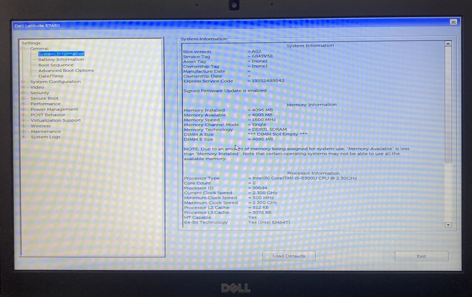 DELL LATITUDE E7450 INTEL CORE I5-5300U 2.30GHZ 4GB RAM NO HD Boot to BIOS