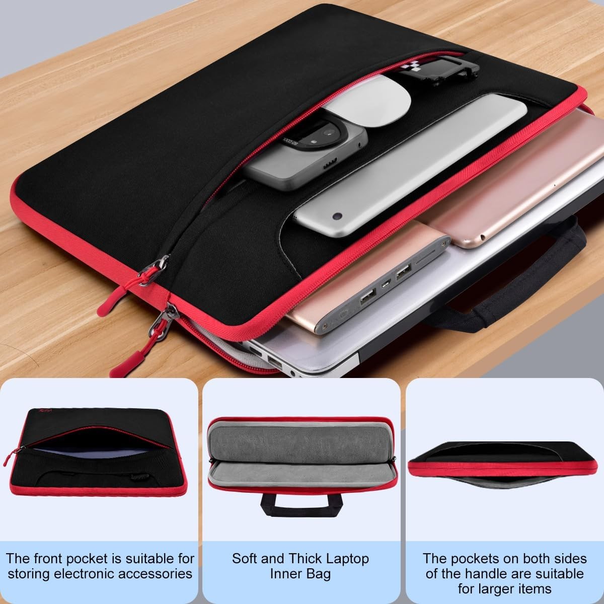 Black Red 15.6 inch Laptop Shoulder Bag, Durable Shockproof Briefcase with Pocke
