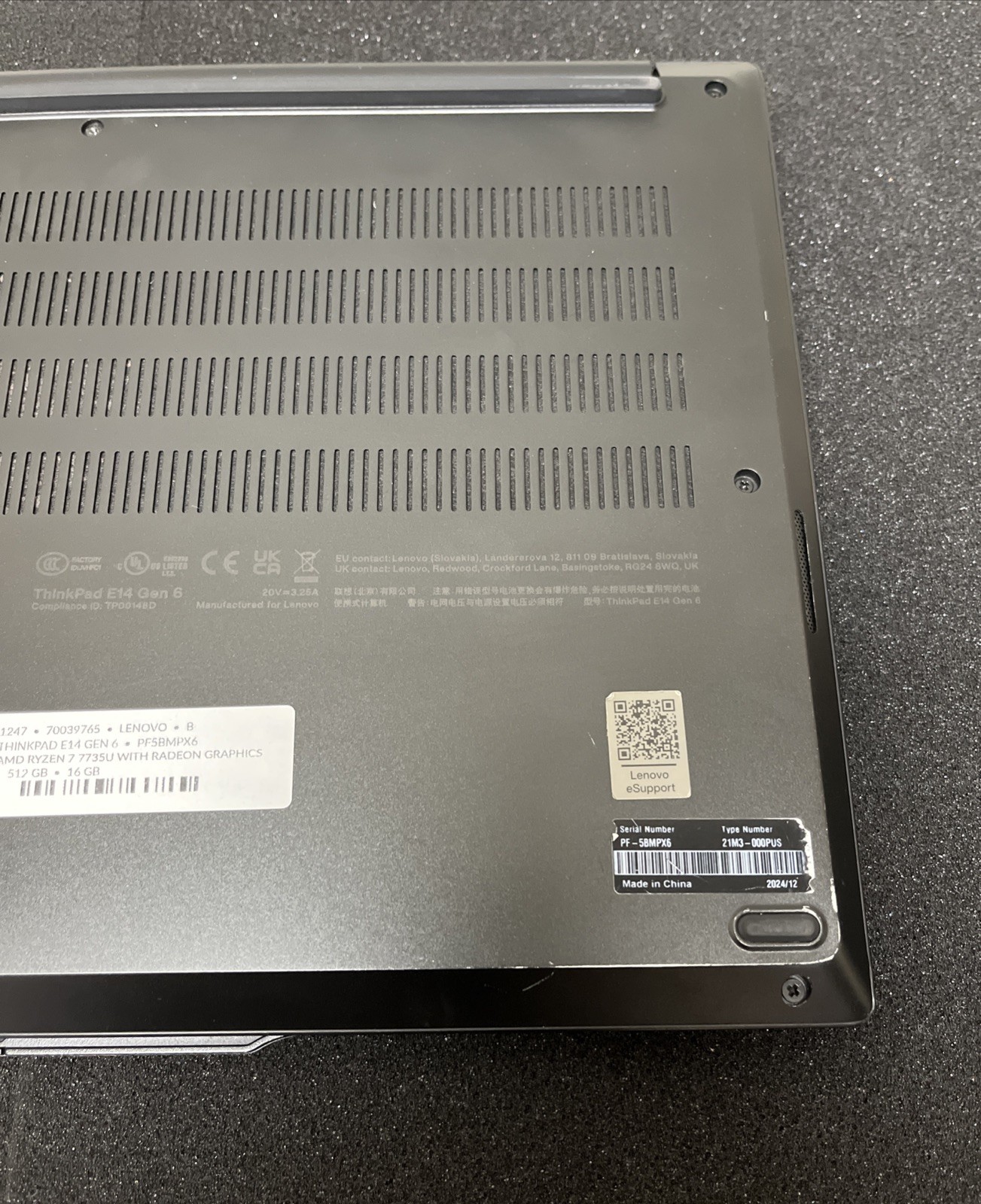 Lenovo Thinkpad E14 Gen 6 AMD Ryzen 7735U 512 SSD 16GB NO OS DDR5 Grade C