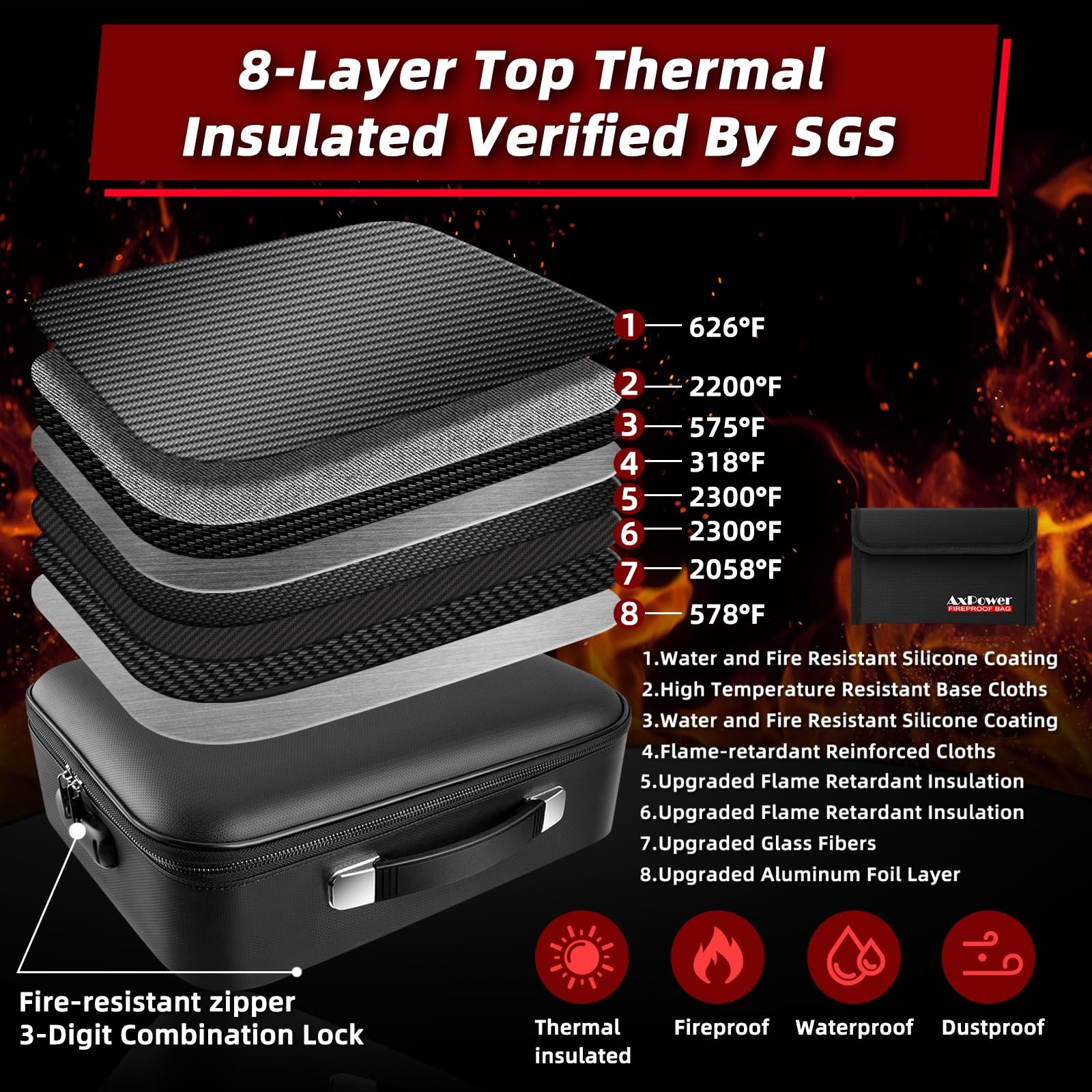 Fireproof Document Box Hard Case w/ Lock, Multi-Layer Fire Water Resistant Safe
