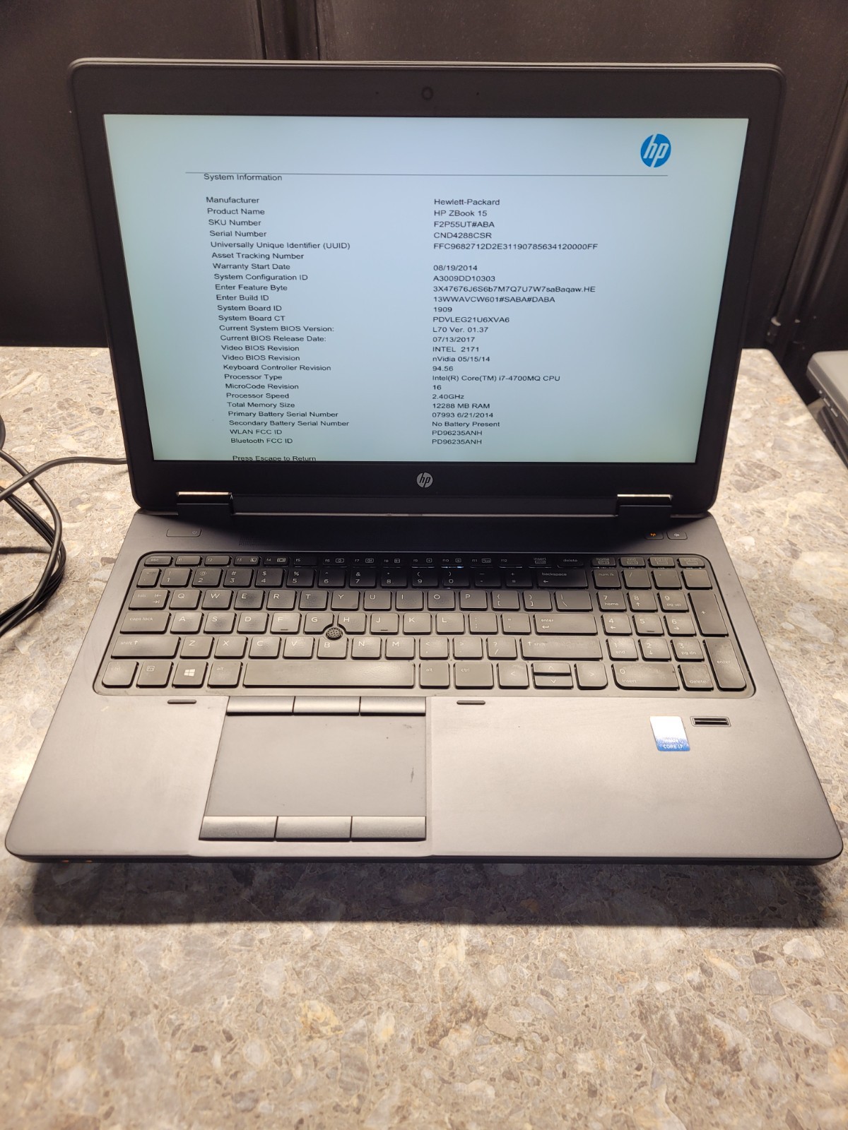 HP ZBook 15 i7-4700MQ 2.40GHZ 12GB Ram Laptop [NO OS] READ- bios locked