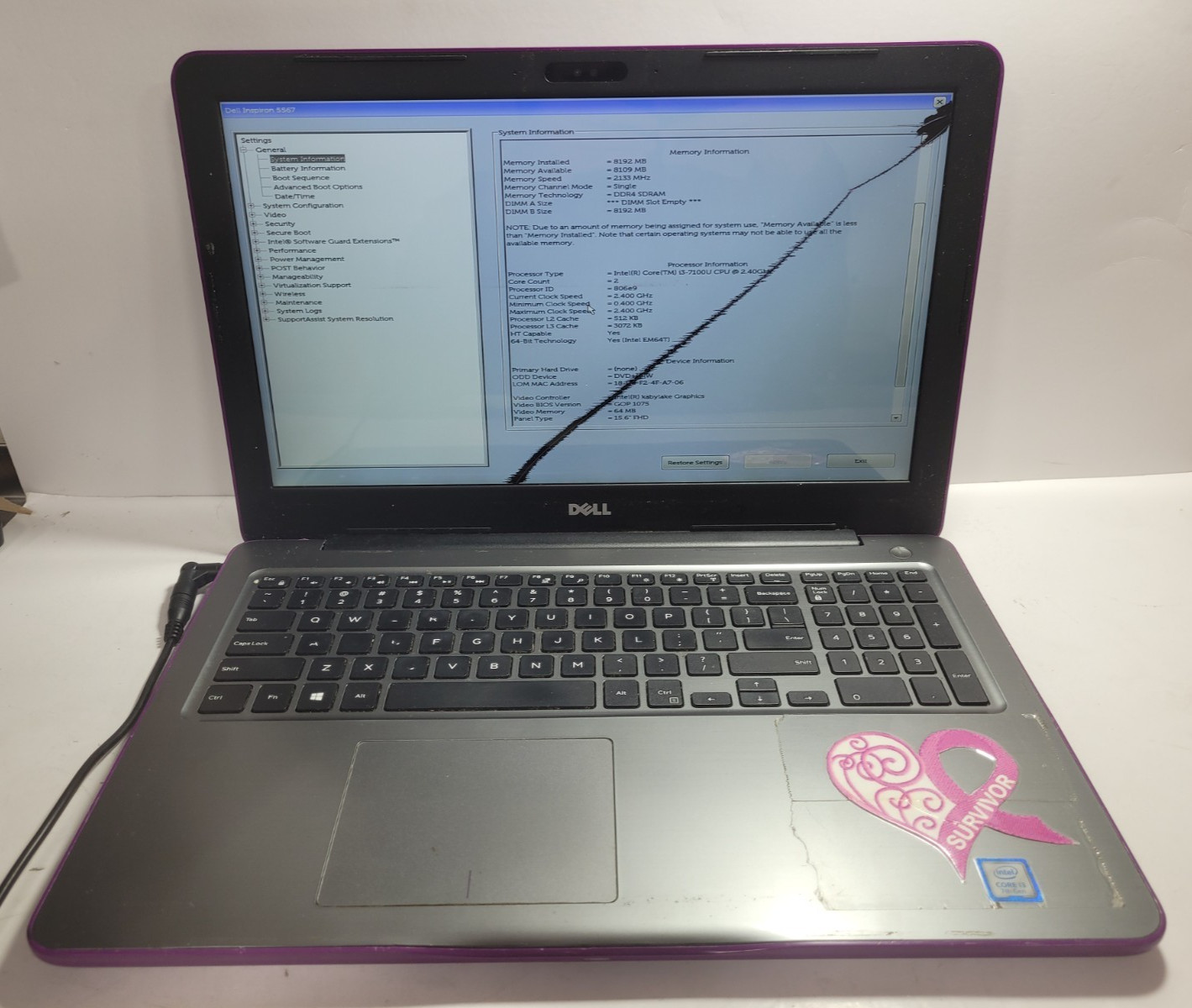 DELL INSPIRON 5567 w/i3-7100U, 8GB RAM, 15″ Touchscreen Laptop for Repair #0303