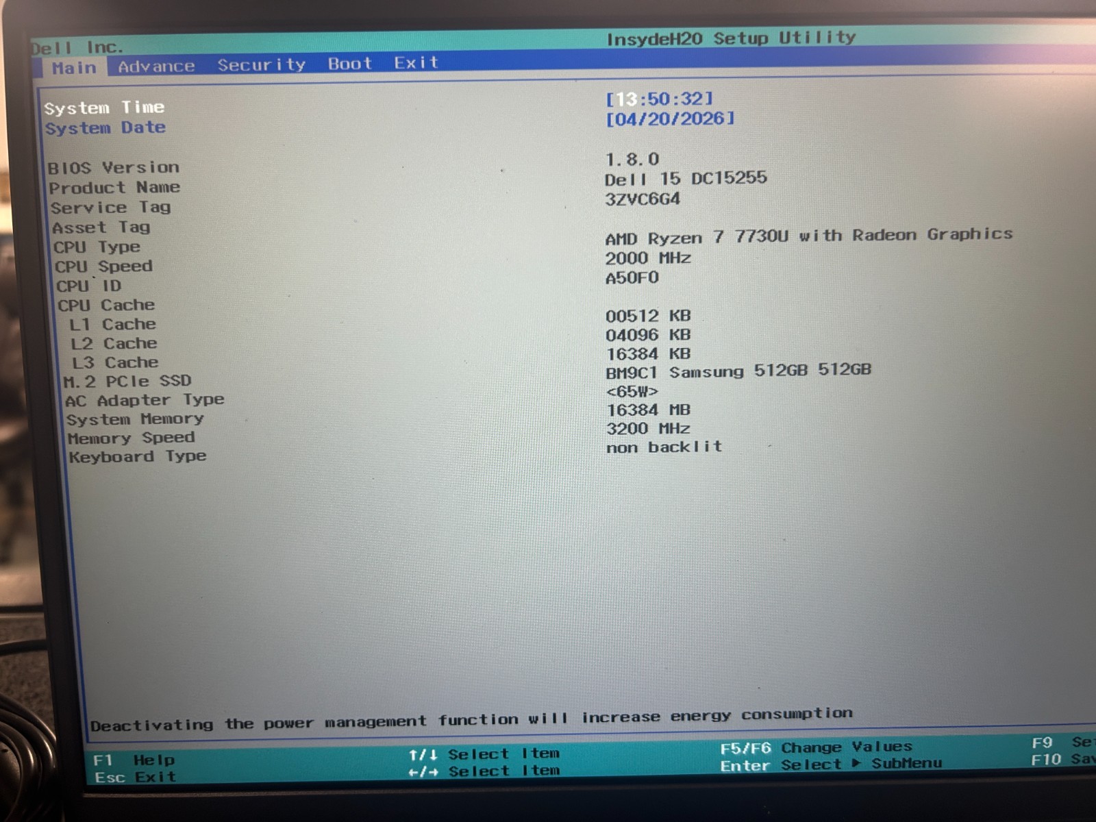DELL 15 DC15255 G8MK9, AMD Ryzen 7 7730U, 2.00 GHz, 16 GB RAM, 512 GB NVMe