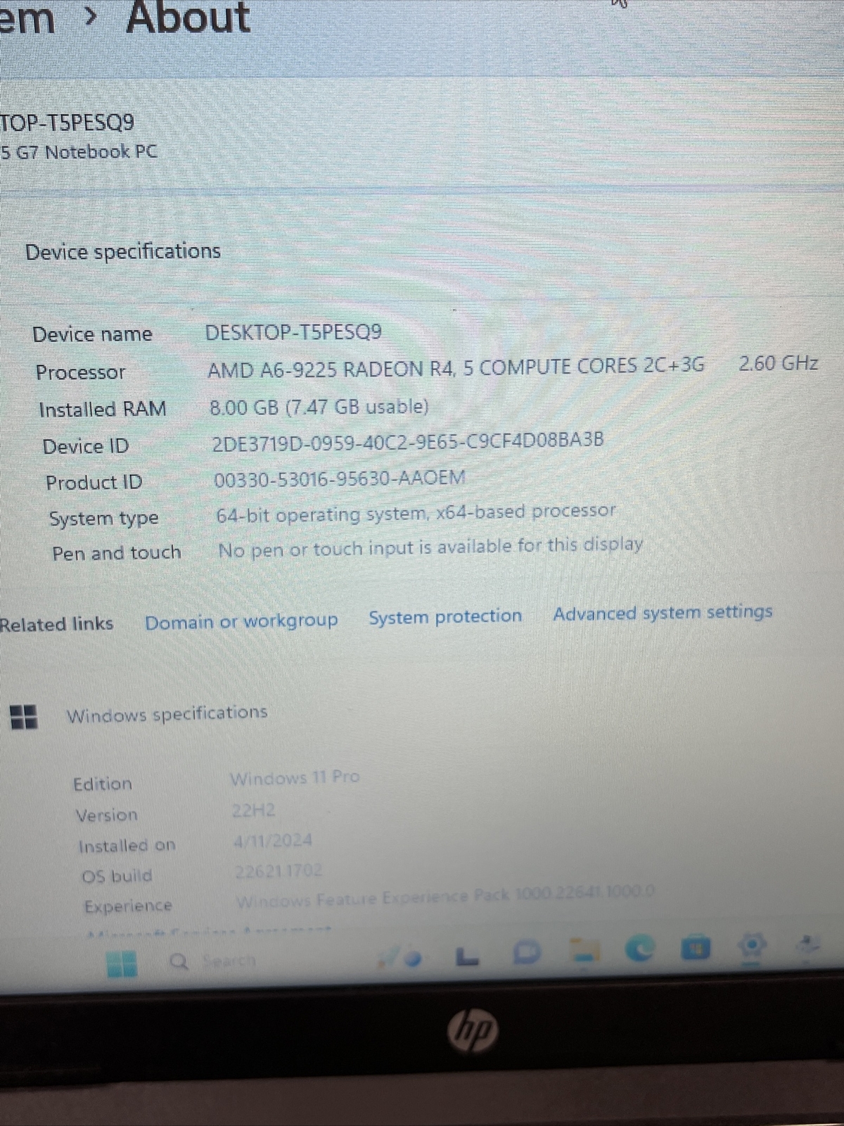 HP 255 G7 15.6″ AMD A6-9225 Radeon R4 2.60 GHz 8GB 256GB SSD BT Win11Pro Laptop