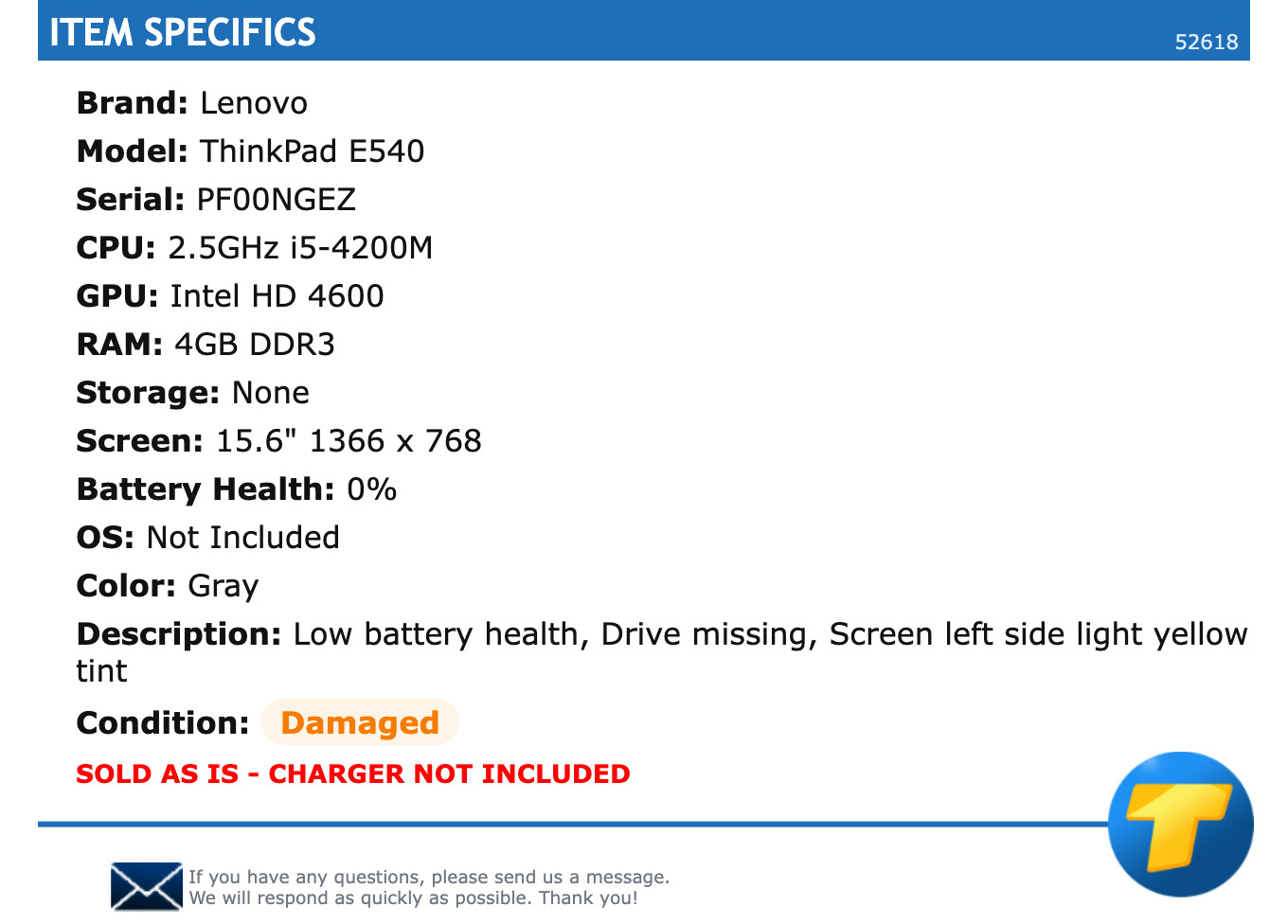 Lenovo ThinkPad E540 – 15.6″ HD, 2.5GHz i5, 4GB RAM, NO SSD
