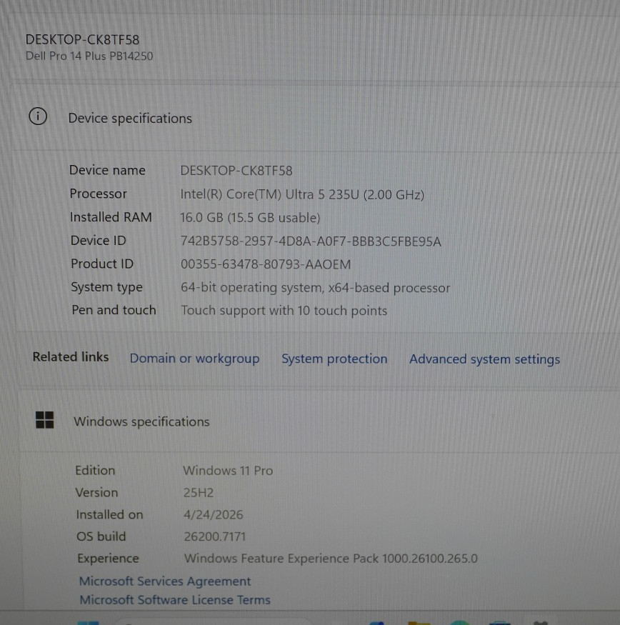 Dell Pro 14 Plus PB14250 14″ 512GB 2GHz 16GB RAM Intel Core Ultra 5 Touchscreen