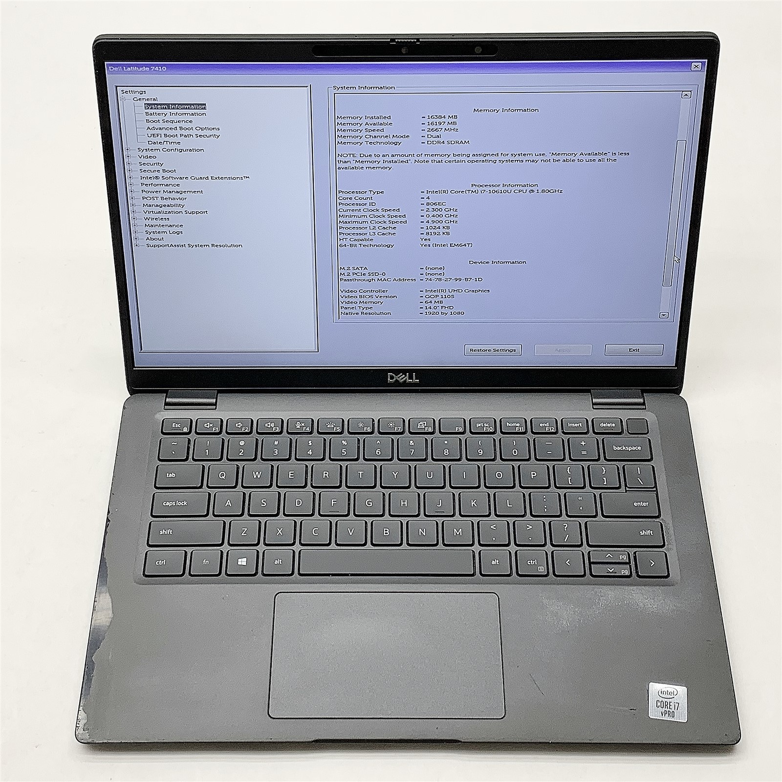 Dell Latitude 7410 Laptop Intel Core i7 10610U 1.80GHZ 14″ FHD 16GB RAM NO HDD