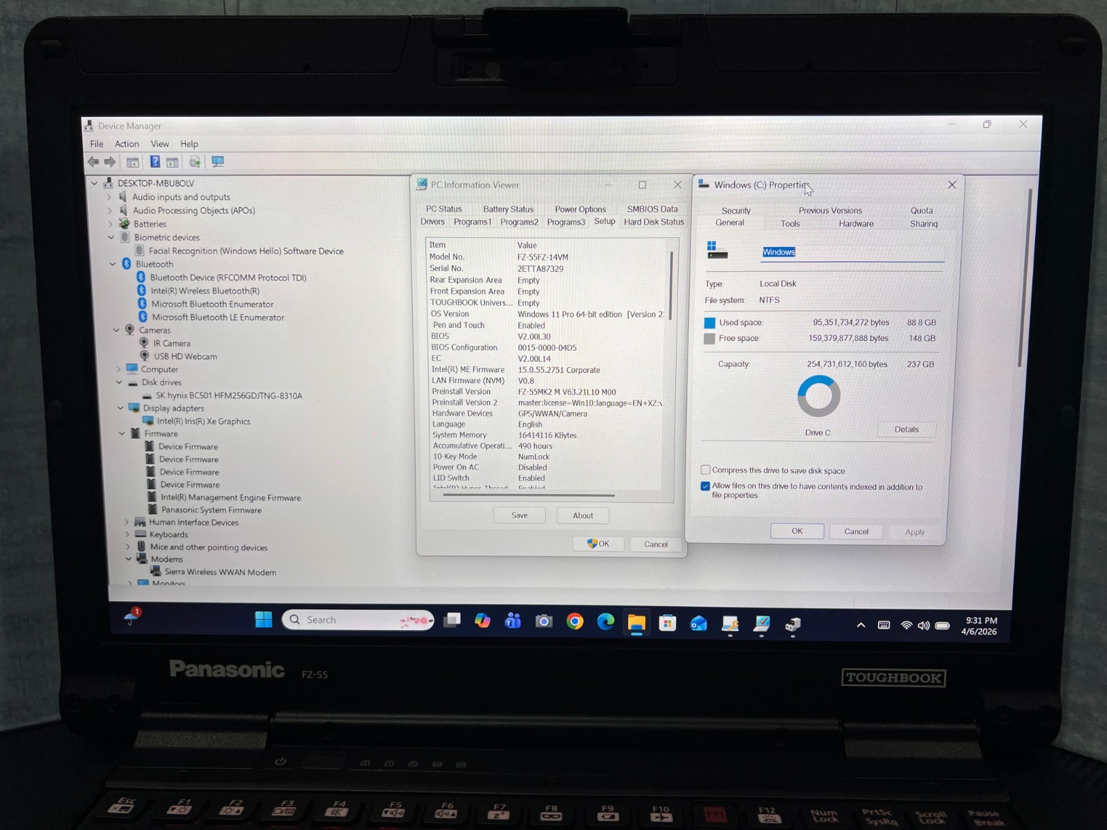 Panasonic Toughbook FZ-55FZ-14VM i7-1185G7,16GB,256GB(NVMe),Iris Xe video,490Hrs