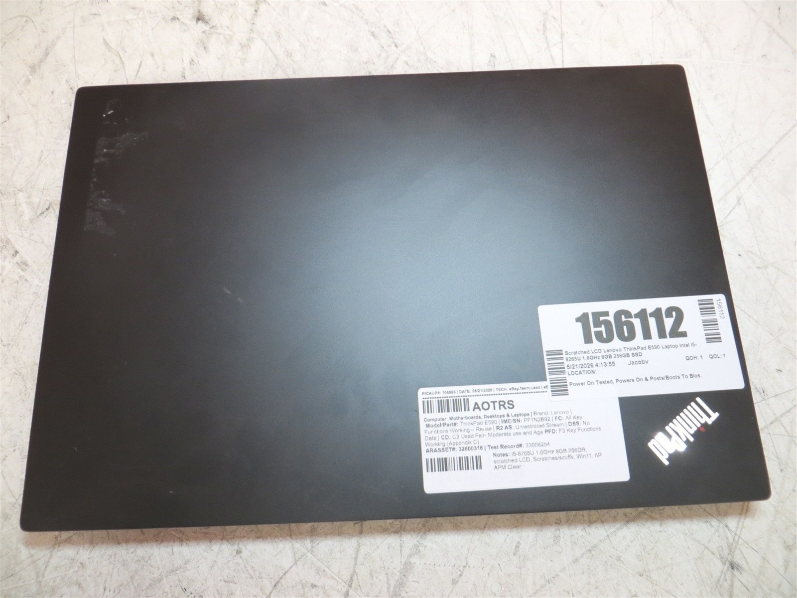 Scratched LCD Lenovo ThinkPad E590 Laptop Intel i5-8265U 1.6GHz 8GB 256GB w/OS