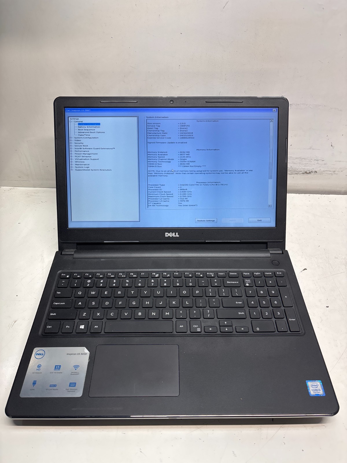 Dell Inspiron 15-3567 Intel Core i3-7130U 2.70GHz 8GB NO HDD