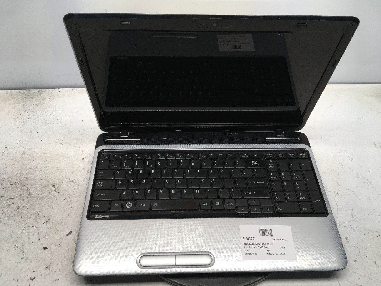 Toshiba Satellite L755-S5216 Intel Pentium B940 2GHz 4 GB NO HDD