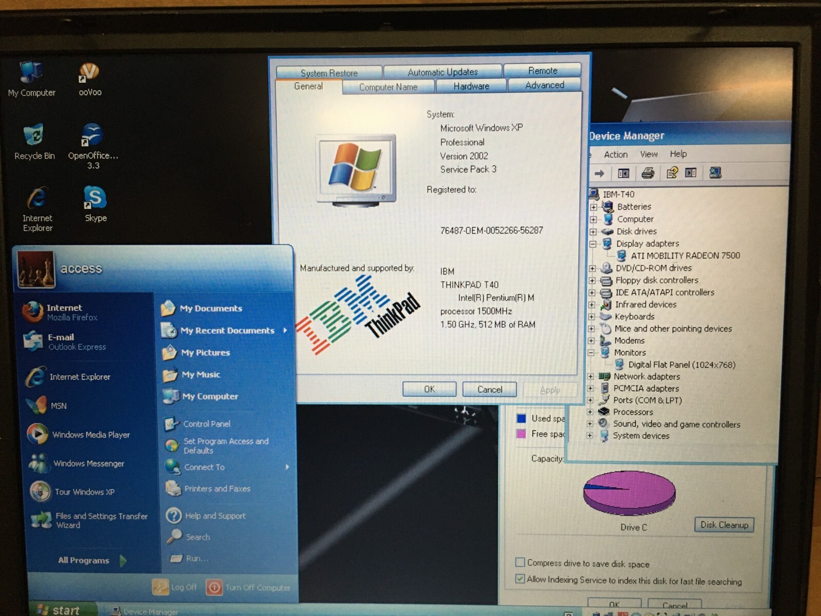 IBM THINKPAD T40 1.50GHz 1GB 40GB HDD WINDOWS XP ATI RADEON 7500TYPE 2373