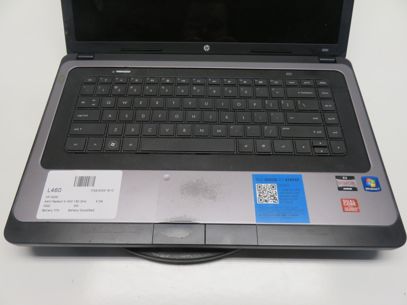 HP 2000-353NR Laptop AMD E-450 4GB Ram No HDD or Battery Radeon