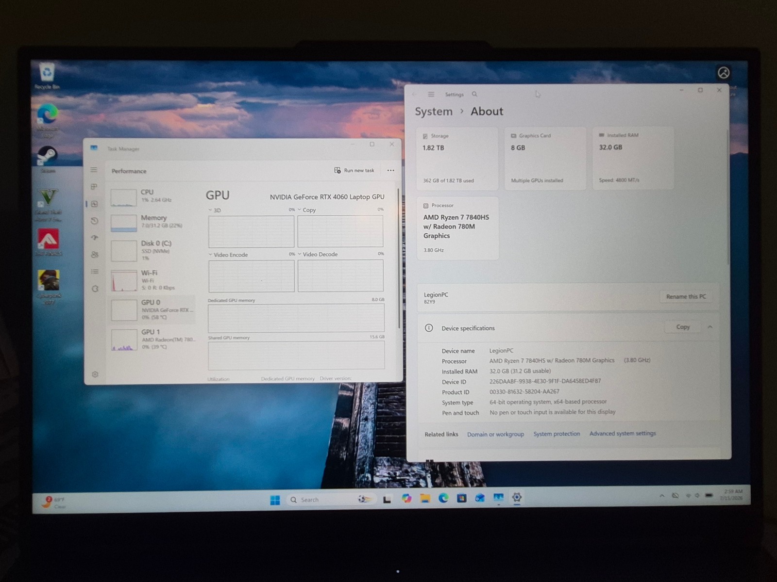 Lenovo Legion Slim 5 Gen 8 16″ 165Hz QHD+ Ryzen 7 7840HS 32GB 2TB RTX 4060