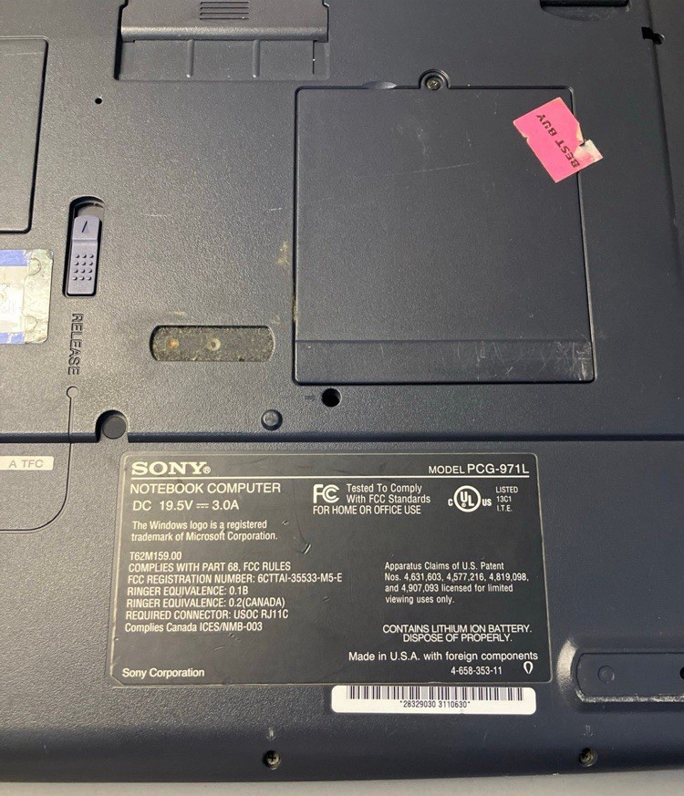 Sony VAIO PCG-971L Windows XP Laptop Boots HDD/CD-ROM Read Retro PC + Charger