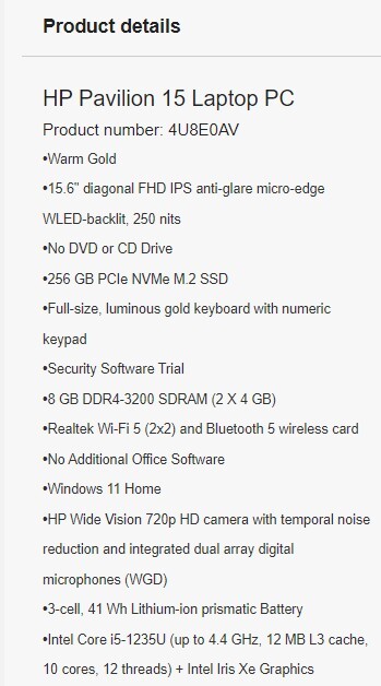 HP Pavillion – 15t-eg200 – Core i5 – 256 GB SSD – 8 GB RAM