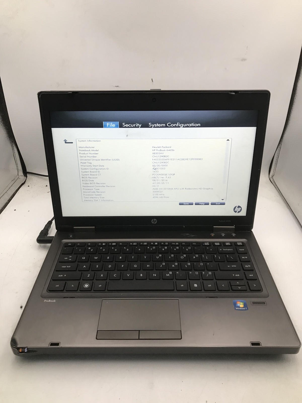 HP PROBOOK 6465B – BOOTS TO BIOS – AMD A4 3310MX – NO RAM – READ DESCRIPTION -BB