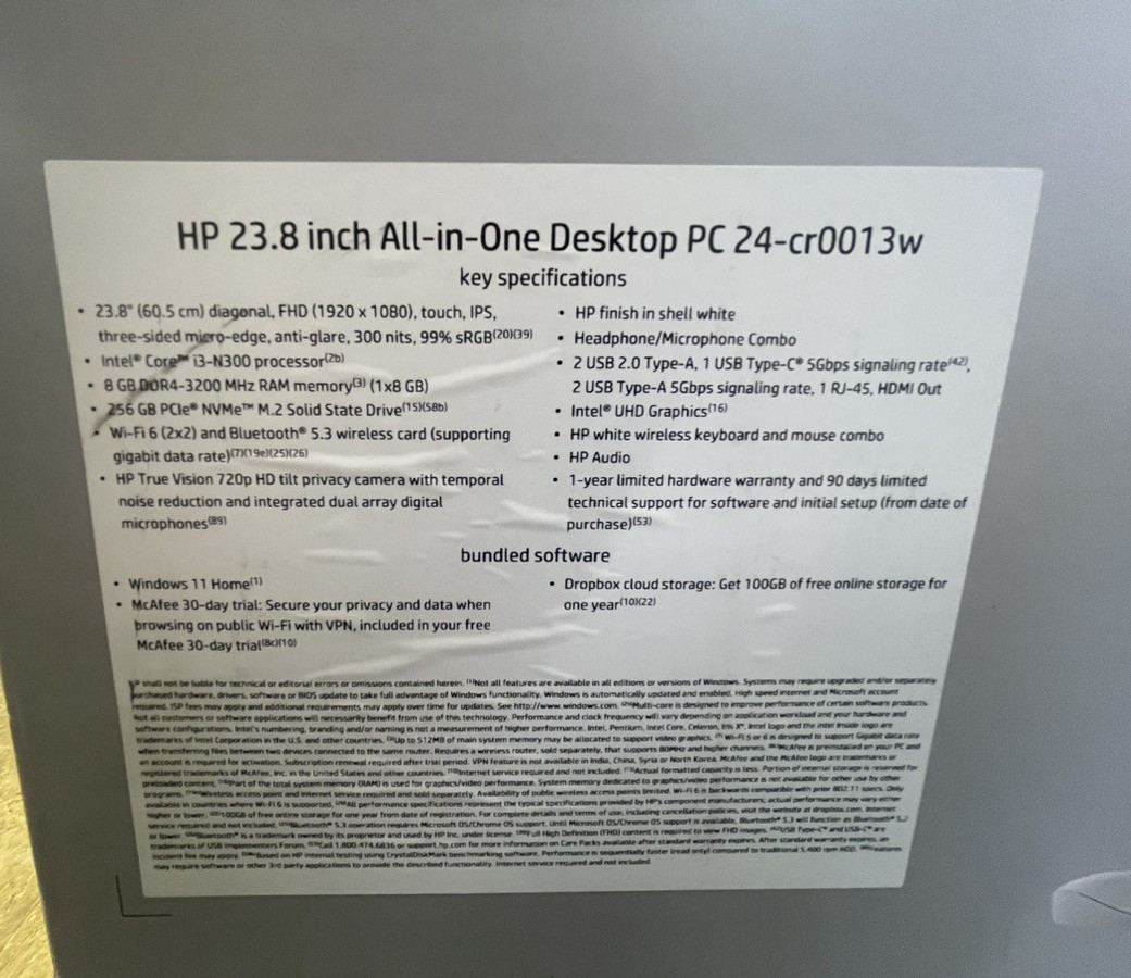 HP 23.8 inch All-in-One Desktop PC 24-cr0013w Brand New OPEN BOX(CJL006952)