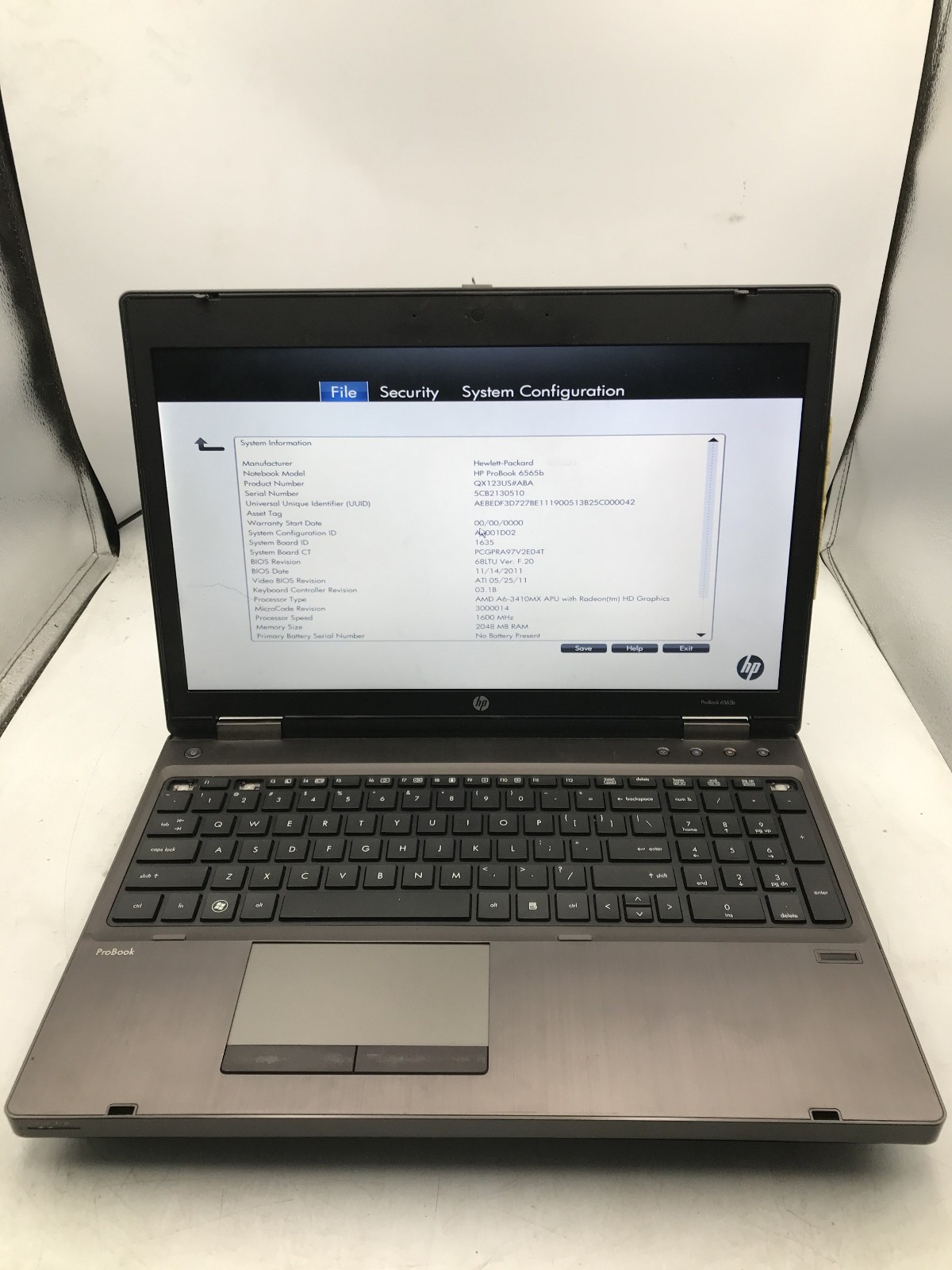 HP PROBOOK 6565B – BOOTS TO BIOS – AMD A6 3410MX – 2GB RAM – NO OS -READ DESC-BB