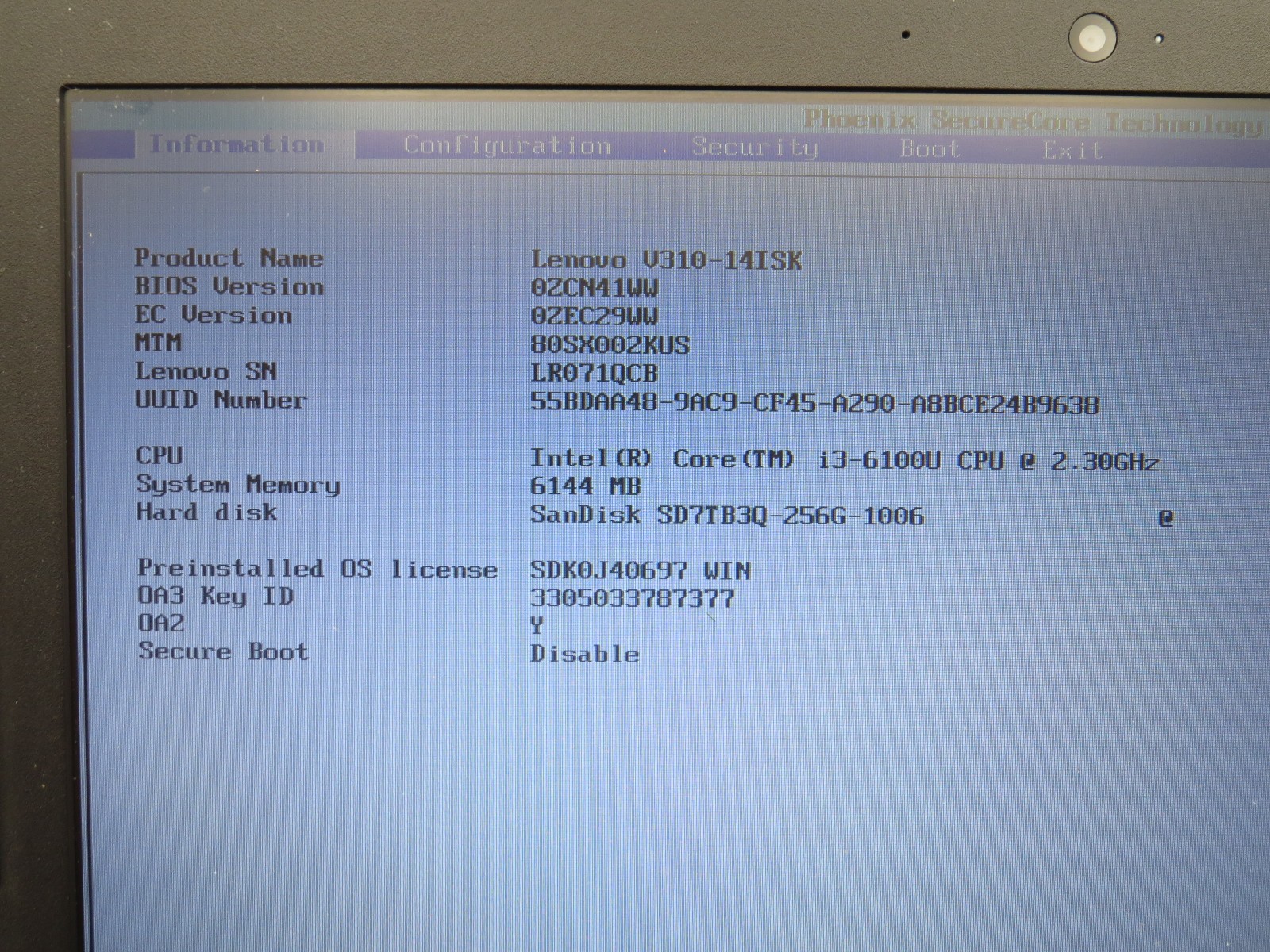 Lenovo V310 i3-6100U @ 2.3GHz 6GB DDR4 256GB SSD No OS/AC/Battery