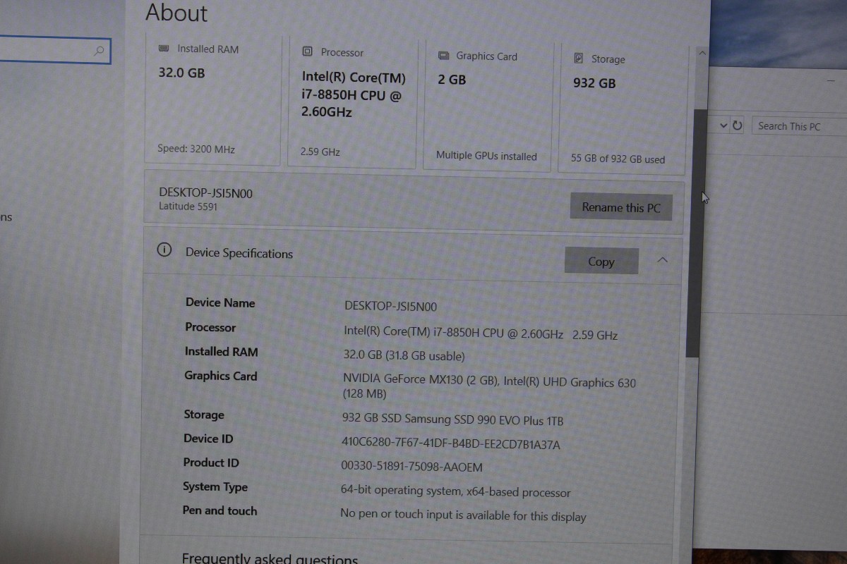 Dell Latitude 5591 15.6″ (1TB, I7 8th Gen, 2.6GHz, 32GB) Laptop Blac (C31035947)