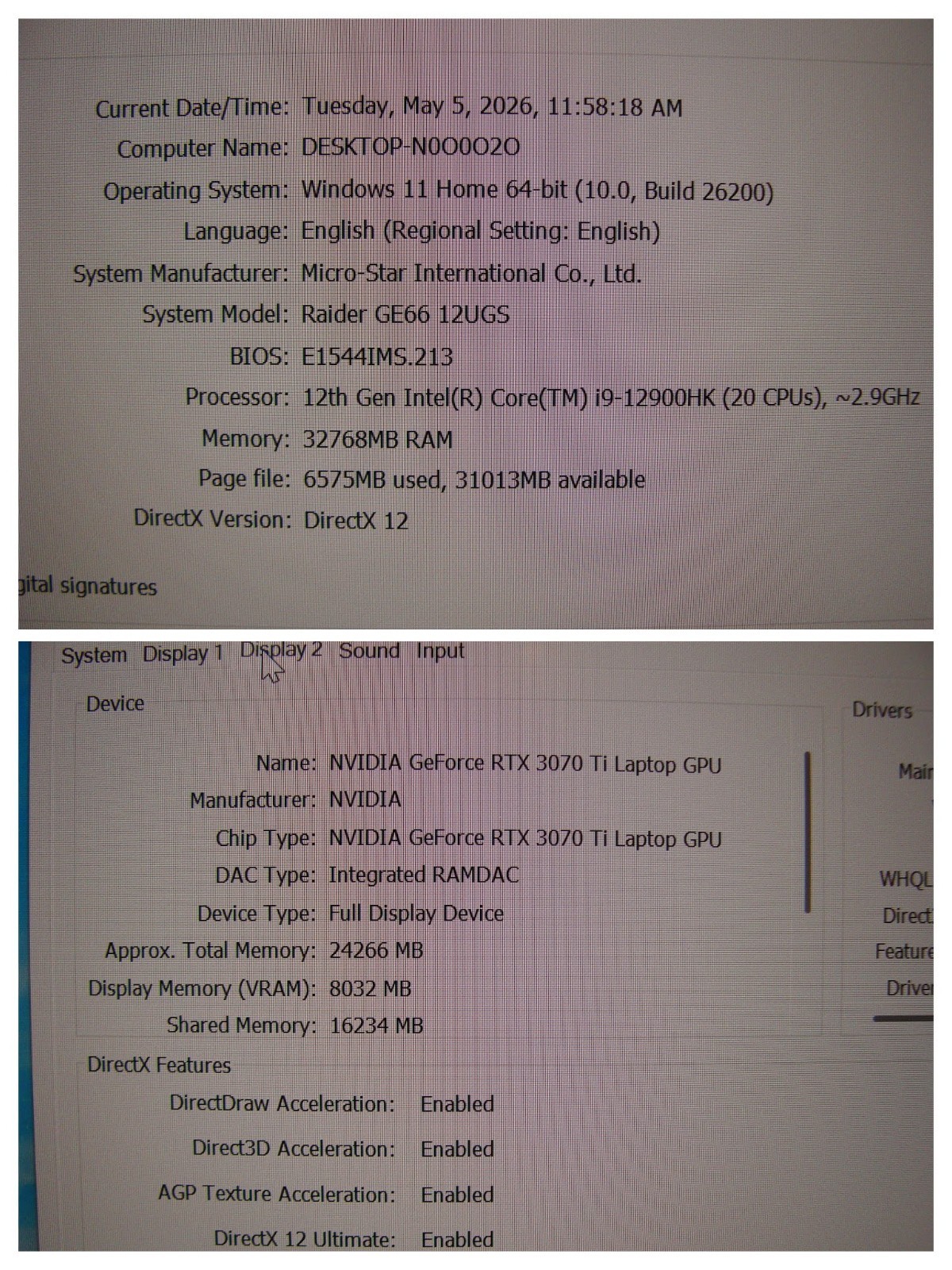 MSI Raider GE66 15,6”QHD 240hz i9-12900HK 2.9GHz 32GB 1TB SSD RTX 3070 Ti 8gb