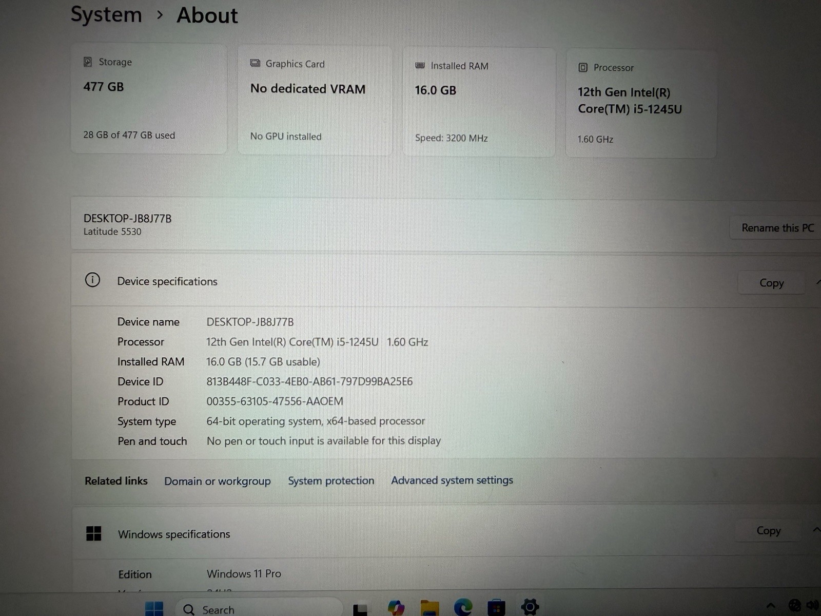 Dell Latitude 5530 i5-1245U 16GB 477GB SSD 15.6″ W11P Silver