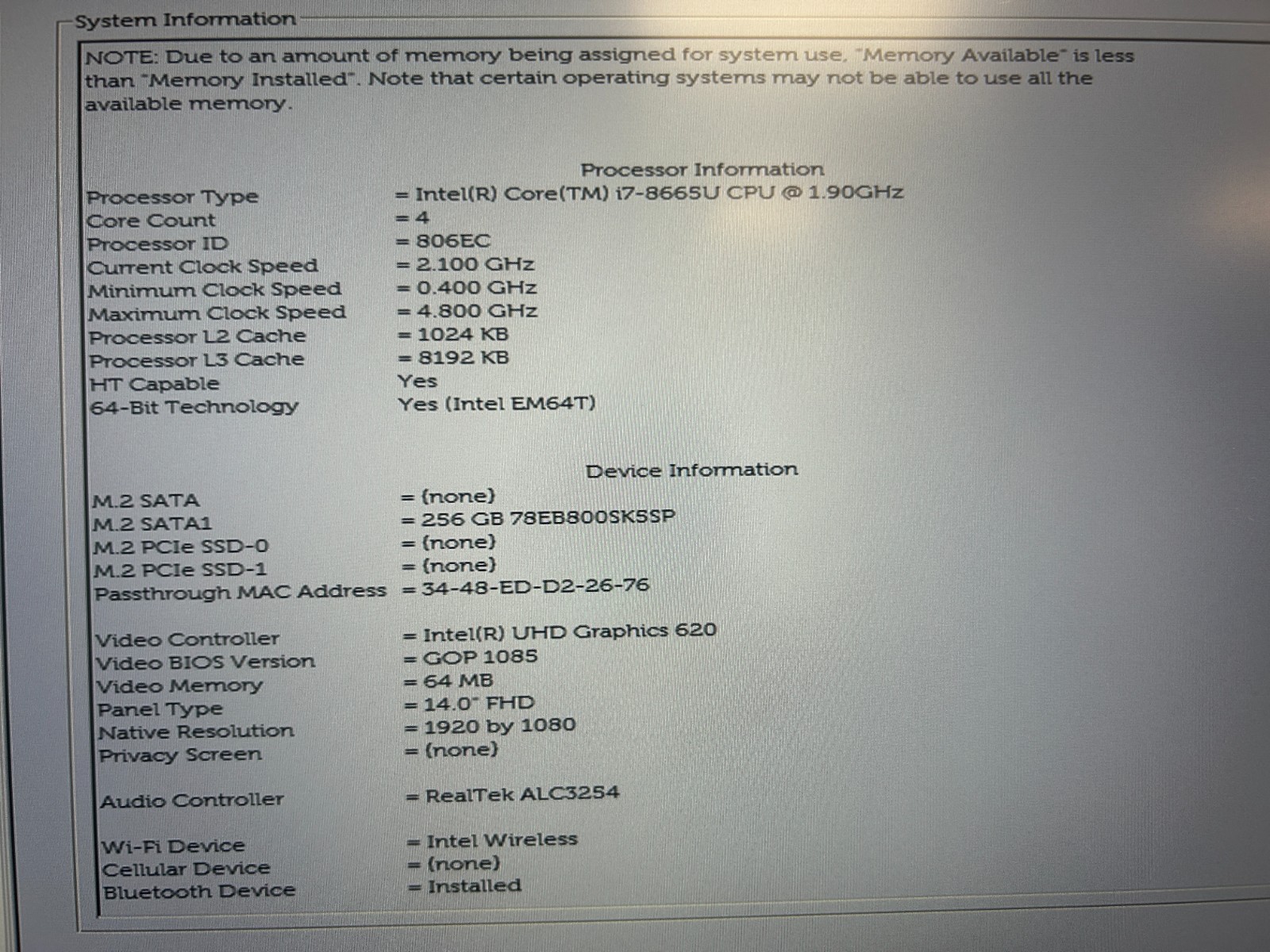 Dell LATITUDE 7400, i7-8665U, 20 GB RAM, UHD Graphics 620, 14 INCH SCREEN