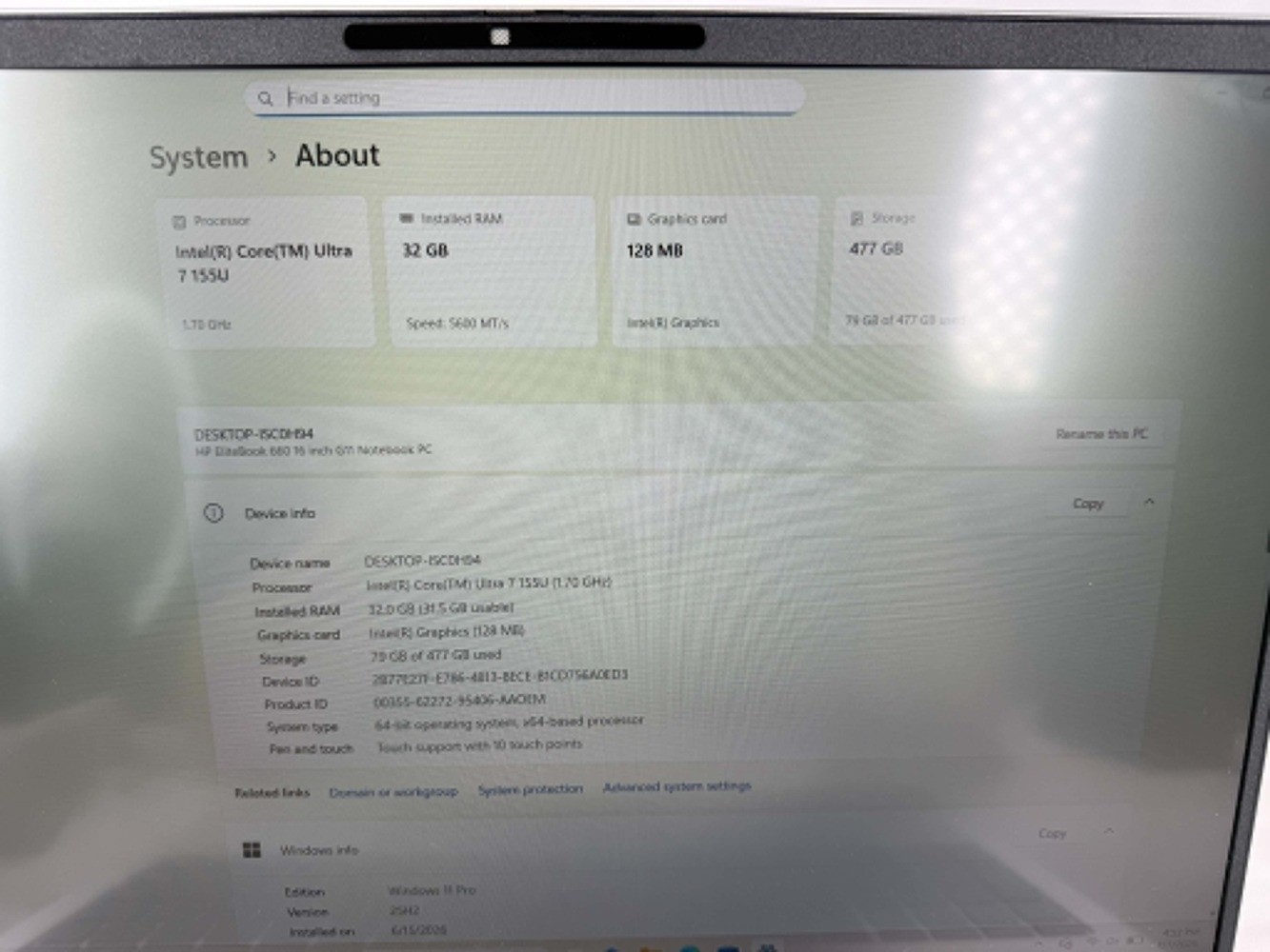 HP EliteBook 660 G11 32GB Ram Intel Ultra 7 1.7GHz 155U 512GB SSD SPB-JB 359062
