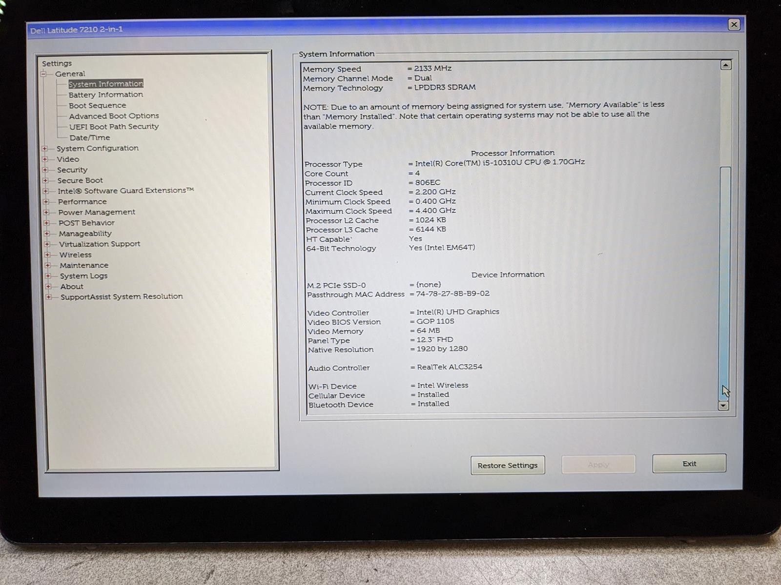 DELL LATITUDE 7210 2-IN-1 i5-10310U @ 1.7GHz, 8GB RAM, NO HDD/OS