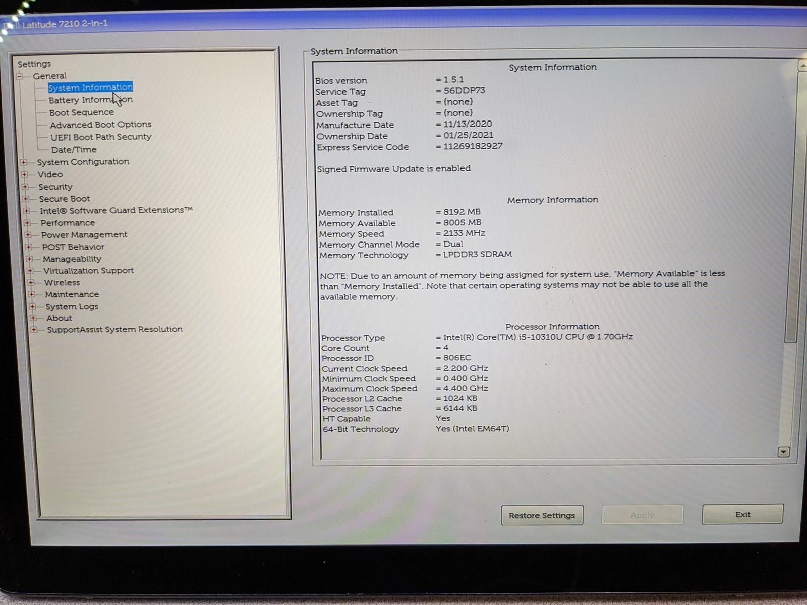 DELL LATITUDE 7210 2-IN-1 i5-10310U @ 1.70GHz, 8GB RAM, NO HDD/OS