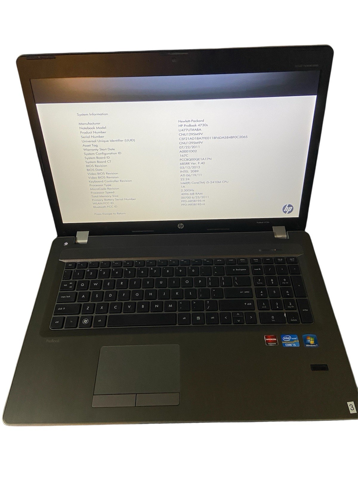 HP ProBook 4730s 17.3”Laptop I5-2410M 4GB RAM NO DRIVE, NO BACK LID AS IS ONLY