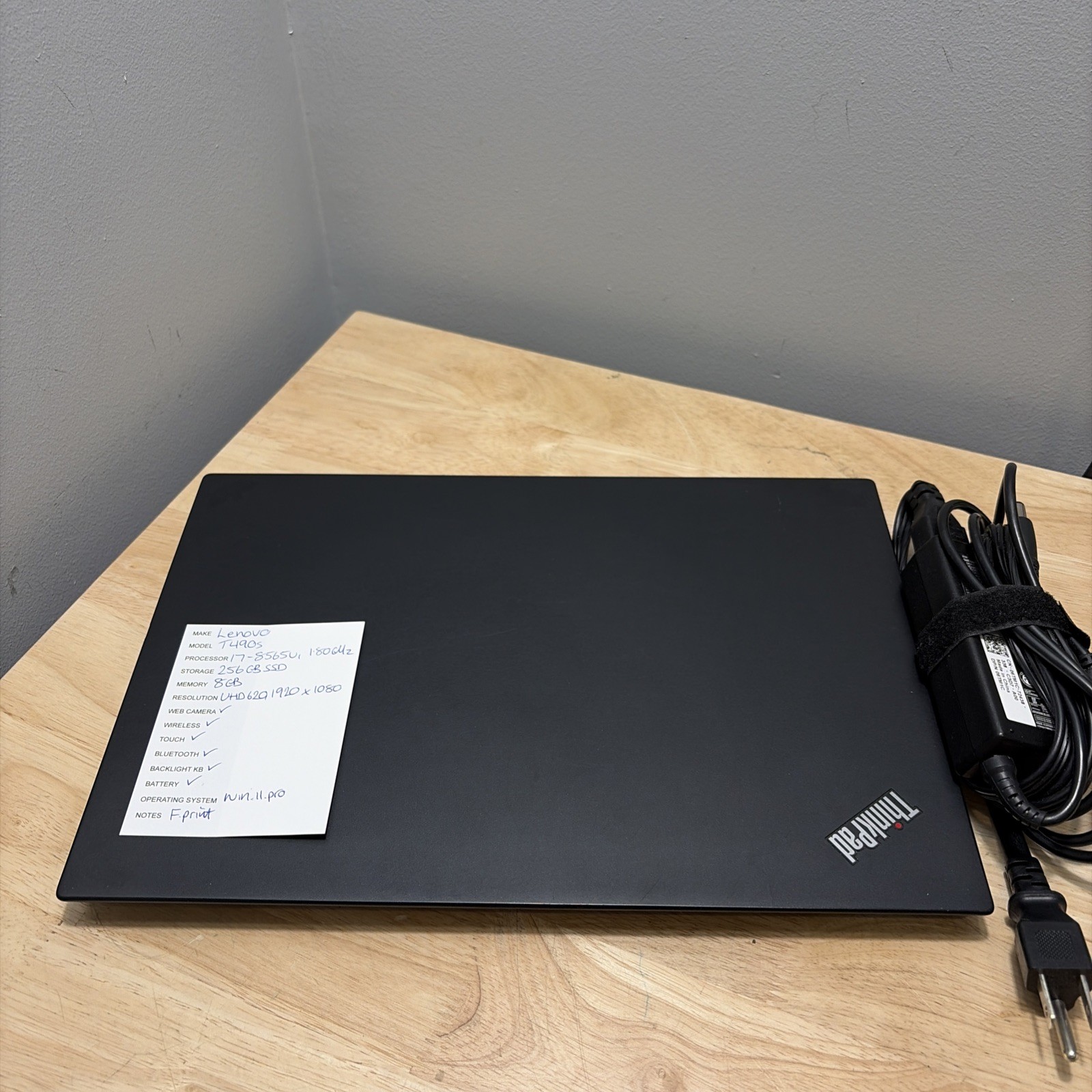Lenovo ThinkPad T490s Core i7-8565U 1.80GHZ , 8GB 256GB SSD WCam Win 11 Pro Cord
