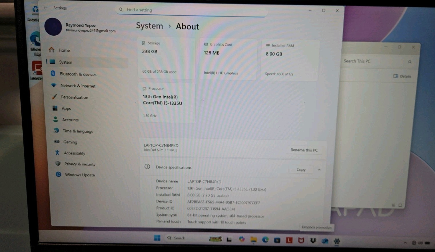 Lenovo IdeaPad Slim 3 15IRU8 I3-1305U@1.20GHZ, 8GB, 256GB