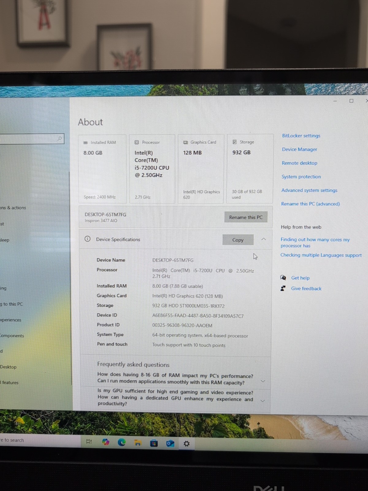 DELL INSPIRON 3477 AIO 23.8 i5-7200U, 8GB Ram, W/ Wireless Keyboard And Mouse