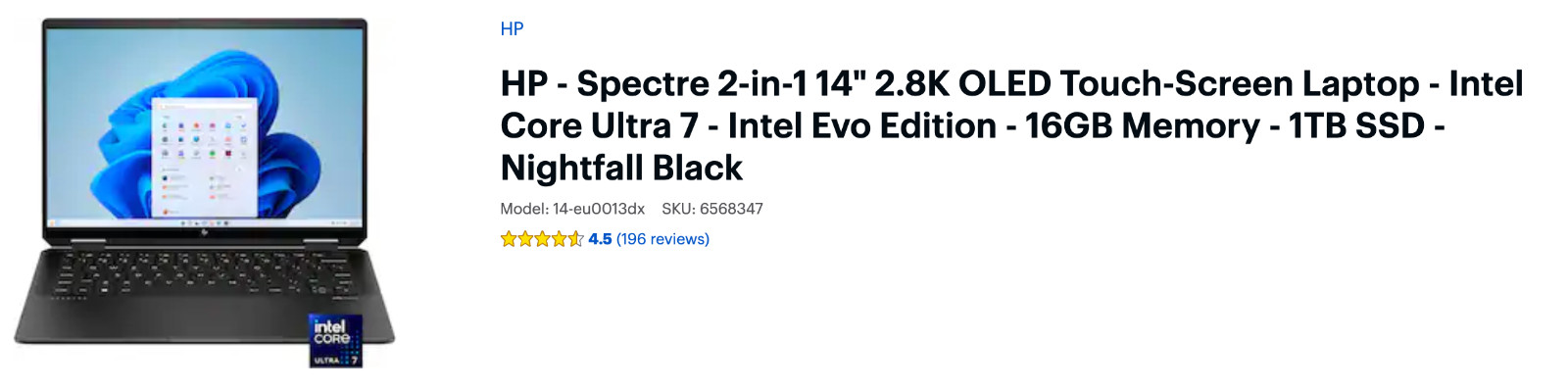 HP – Spectre 2-in-1 14″, Touch-Screen, Intel Core Ultra 7, Intel Evo 16GB, 1TB