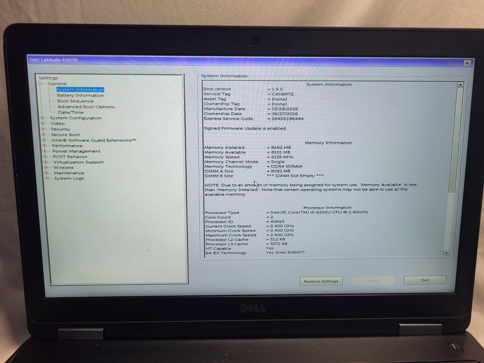 Dell Latitude E5570 I5-6300U 2.40GHZ 8GB RAM No Hard Drive