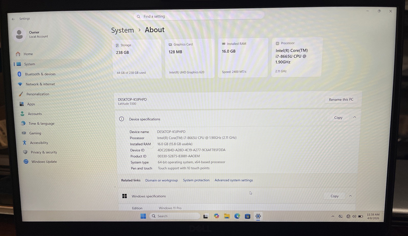Dell Latitude 5500 15.6″ i7-8665U@1.9GHz, 16GB RAM, 256GB M2, Win 11 Pro *READ*