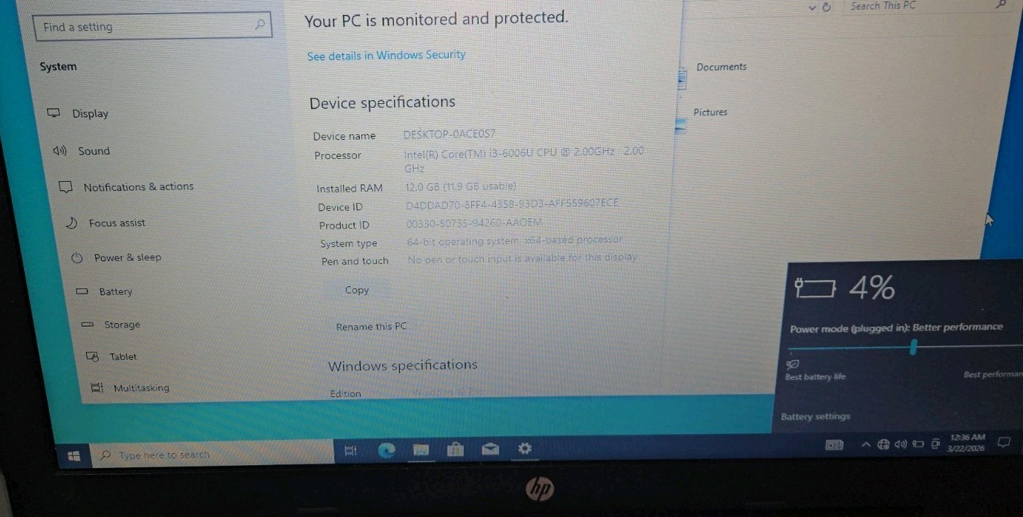 HP Laptop 250 G6 Laptop,Intel Core i3-6006u@2.0ghz,12GB RAM 750GB Hdd WIN 10 Pro