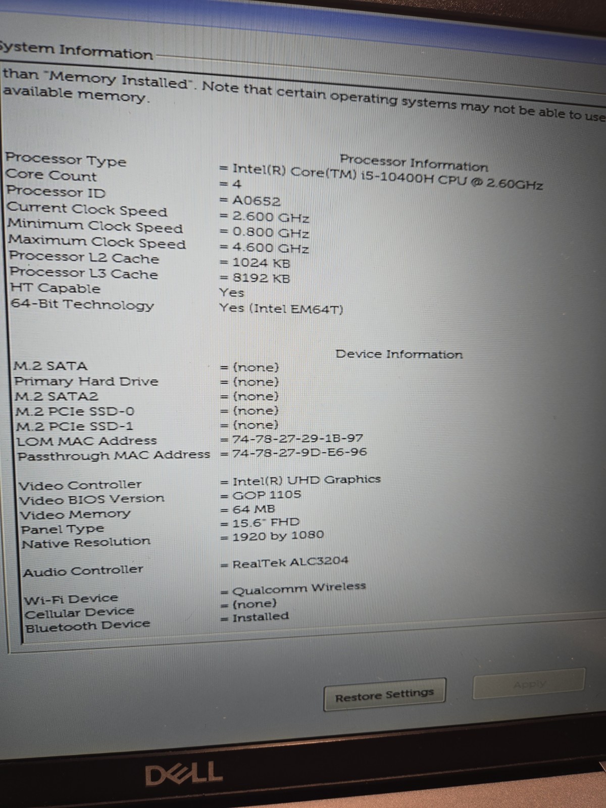 Dell 15,6″/ i5-10400H/ Camera/../ NO SSD, NO RAM, NO BATTERY, NO AC/ TESTED#16