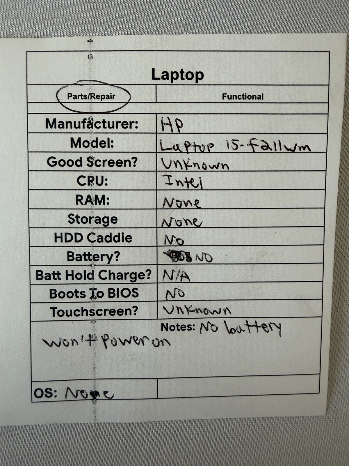 HP Laptop 15-f211wm – Intel – NO RAM – NO Storage – NO Battery – NO OS- Read Des