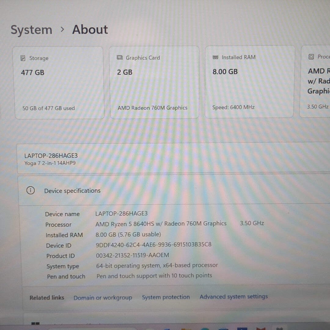 Lenovo Yoga 7 14AHP9 14″ Ryzen 5 8640HS 4.9GHz 8GB RAM 512GB SSD