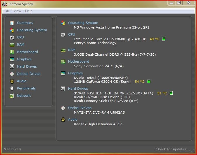 Sony VAIO VGN-Z540E C2Duo P8600 GeForce 9300M GS 320GB HDD 3GB RAM Windows Vista