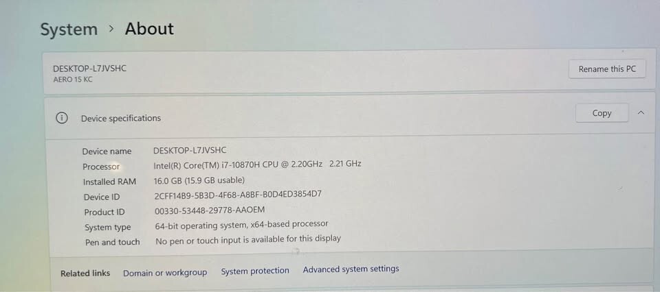 USED – Good Condition Gigabyte AERO 15 KC 15.6″UHD 4K i7-10870H 16GB 512GB