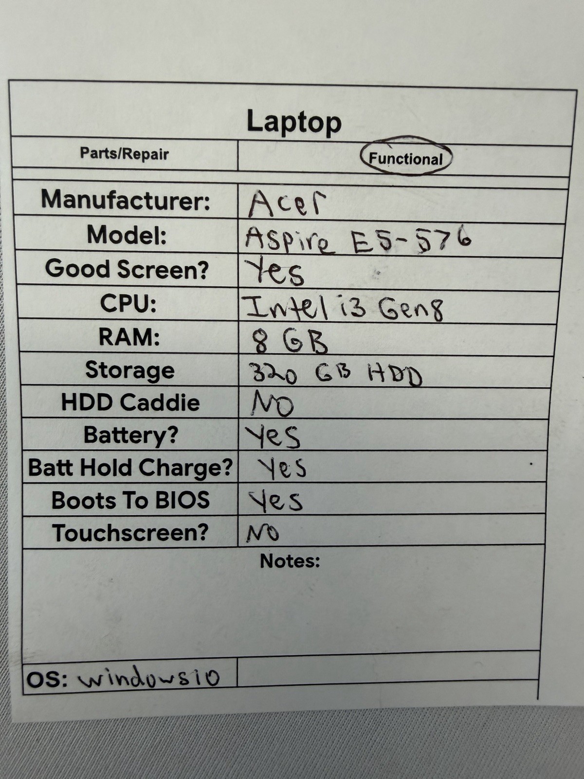Acer Aspire E5-576 Laptop – Good Screen – Intel i3 Gen8 – RAM 8GB – Read Des
