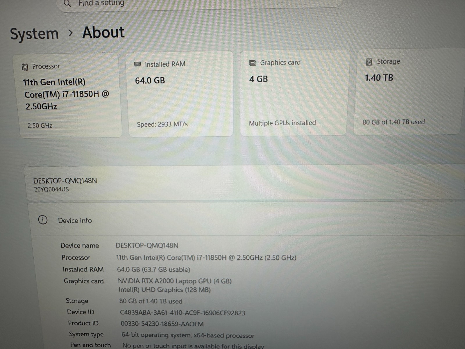 LENOVO THINKPAD P15 GEN 2 LAPTOP CORE i7-11850h @ 2.50GHZ 64GB RAM 1.5TB SSD
