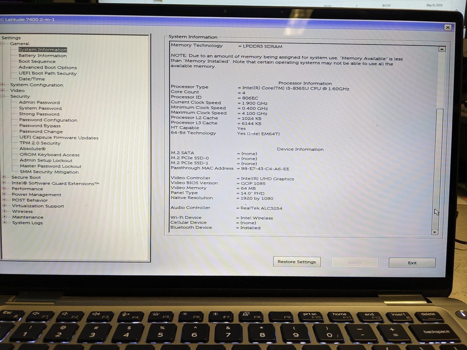 DELL LATITUDE 7400 2-IN-1 i5-8365U @ 1.60GHz, 16GB RAM, NO HDD/OS
