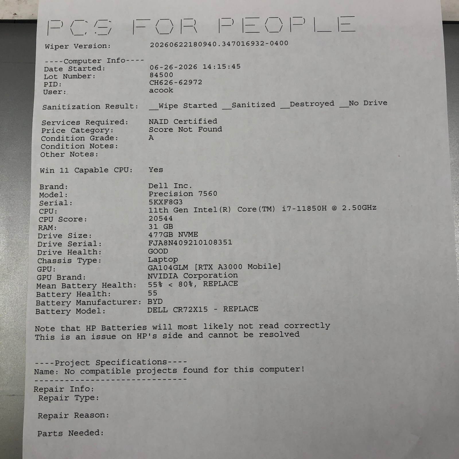 DELL PRECISION 7560 FHD Core i7-11850H 32GB RAM 512GB SSD RTX A3000 No OS